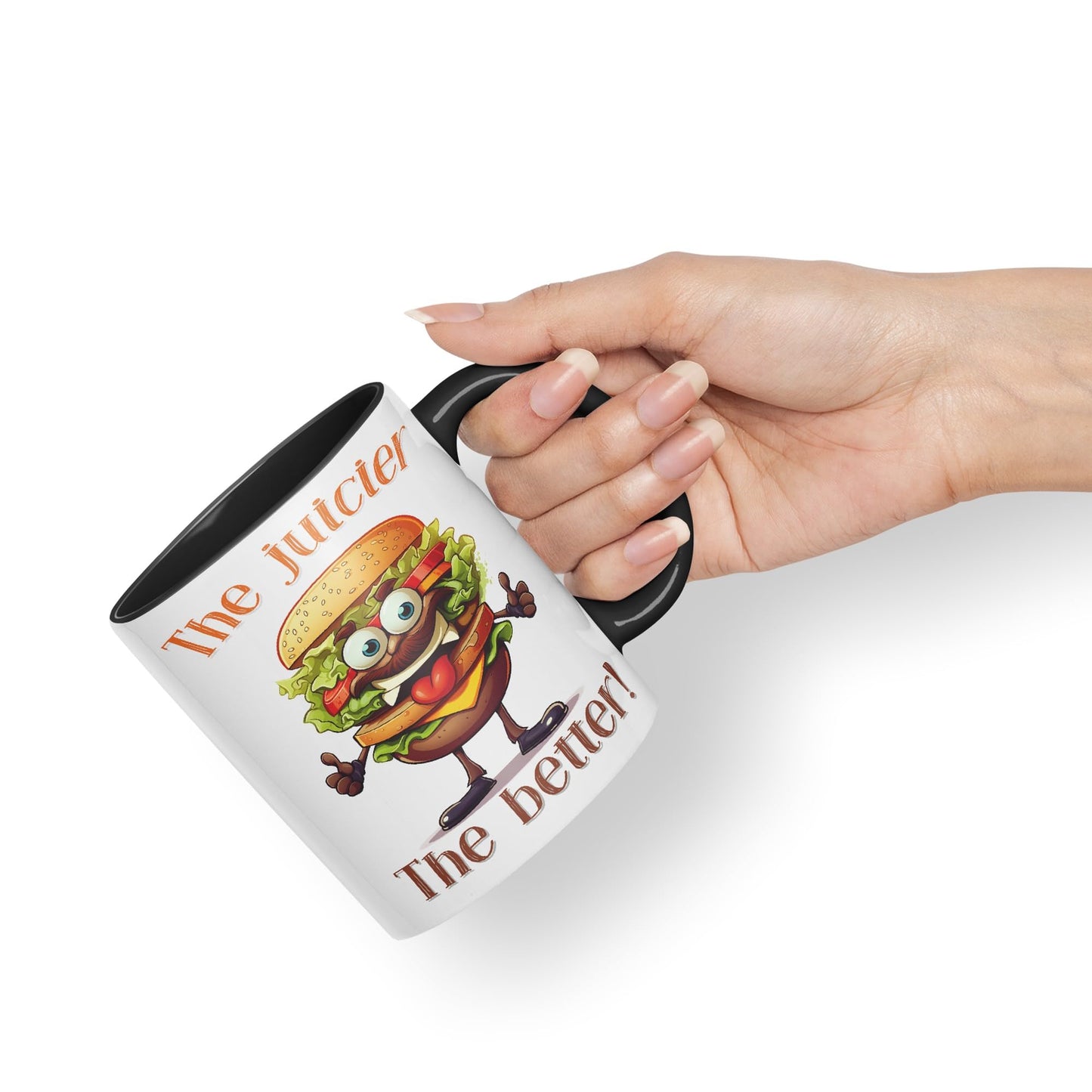 The Juicier The Better Burger, Joke sarkasm Sarcastic Ceramic Coloured Mug Cup for Tea Coffee Hot Brew 330ml 11Oz Gift