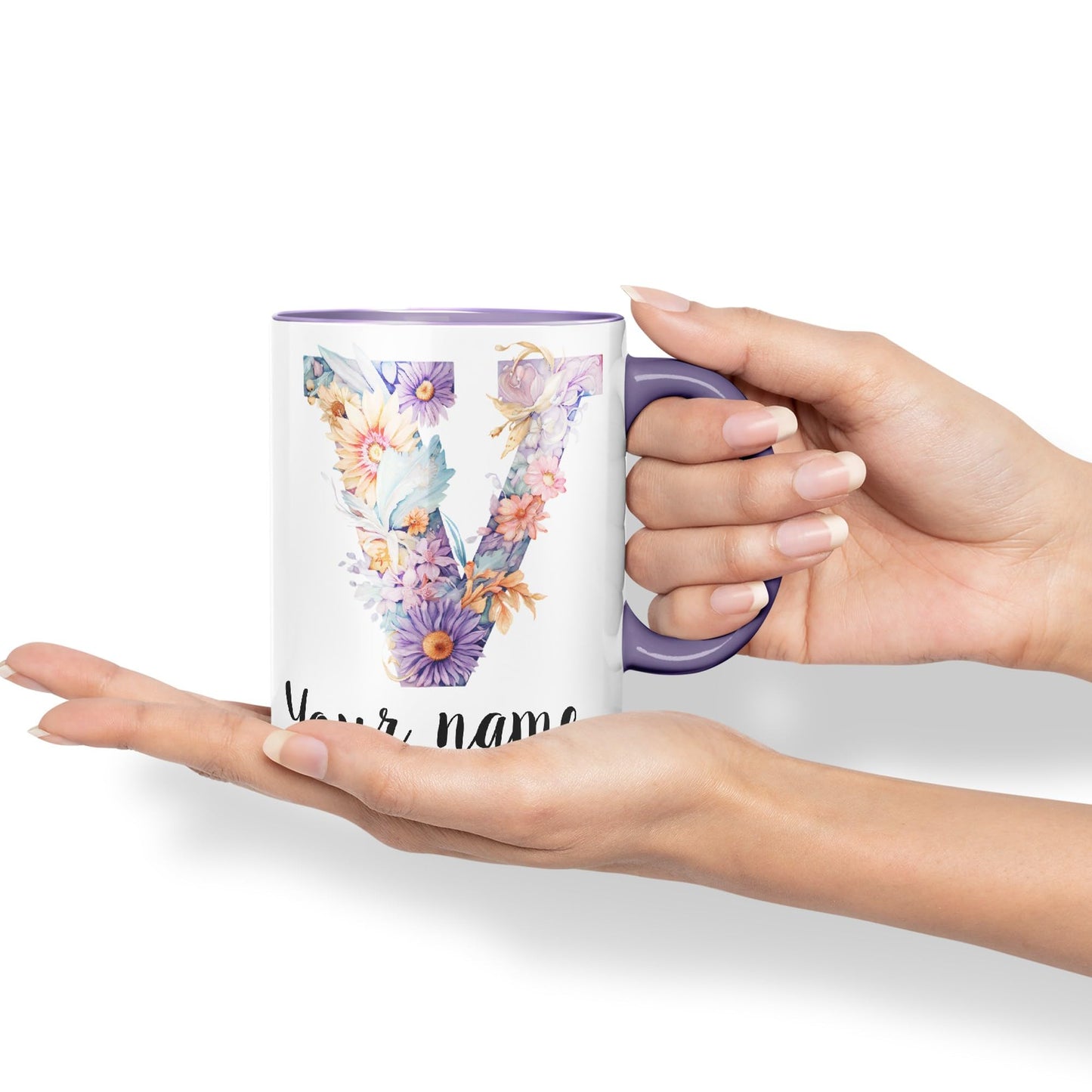 Personalised Letter V mug, Customized Custom Floral flowers butterfly Alphabet Letter V Monogram watercolour Ceramic Coloured Mug Cup for Tea Coffee Hot brew 330ml 11Oz Gift