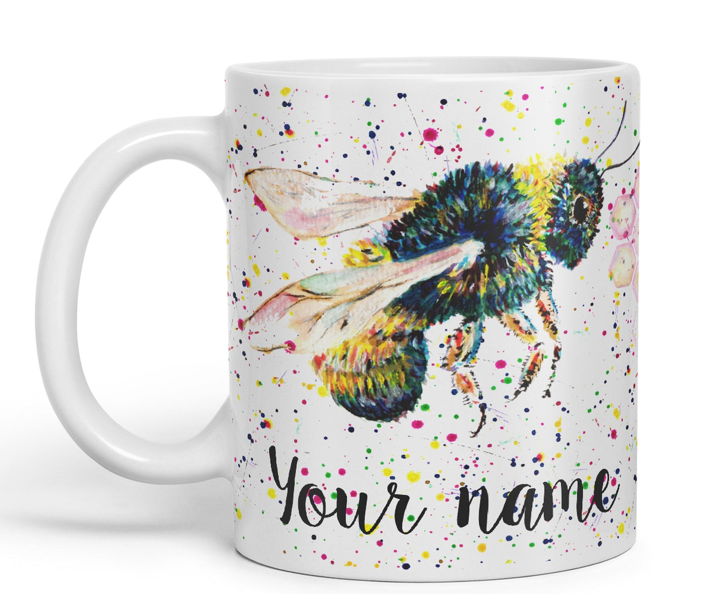 Personalised mug with Your Text name Bees bee Honeycomb animals Watercolour Art Coloured Ceramic Mug Cup Gift 330ml 11oz Custom Work Office Tea Coffee