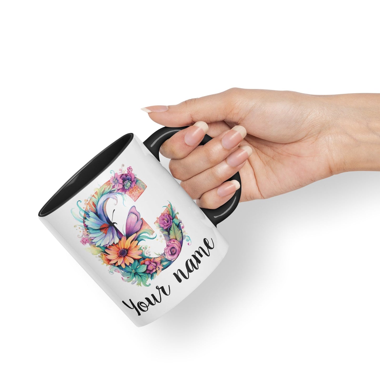 Personalised Letter C mug, Customized Custom Floral flowers butterfly Alphabet Letter C Monogram watercolour Ceramic Coloured Mug Cup for Tea Coffee Hot brew 330ml 11Oz Gift