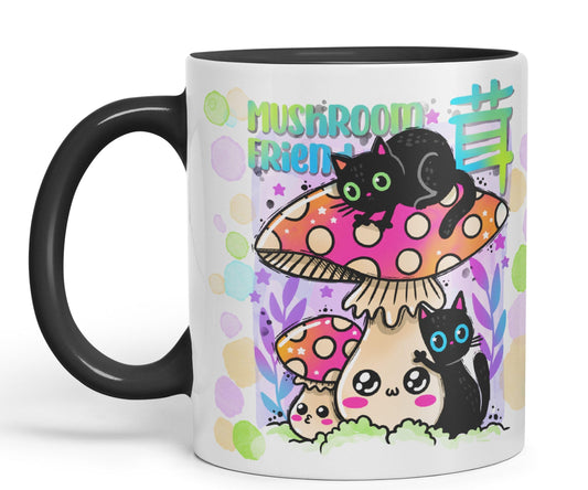 Vixar Mushroom with Cats Cat Friend Coloured Ceramic Mug Cup Gift 330ml 11oz Work Office Tea Coffee Valentines