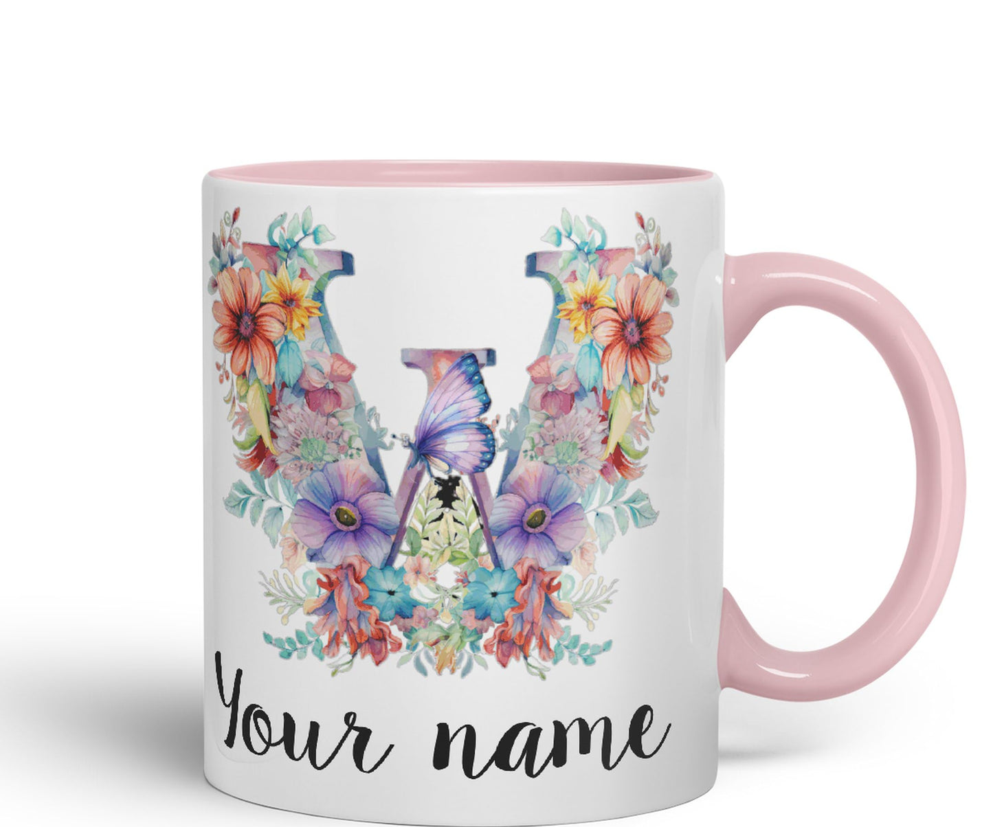 Personalised Letter W mug, Customized Custom Floral flowers butterfly Alphabet Letter W Monogram watercolour Ceramic Coloured Mug Cup for Tea Coffee Hot brew 330ml 11Oz Gift