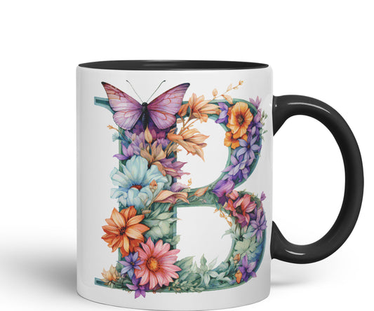 Letter B mug, Floral flowers butterfly Alphabet Letter B Monogram watercolour Ceramic Coloured Mug Cup for Tea Coffee Hot brew 330ml 11Oz Gift