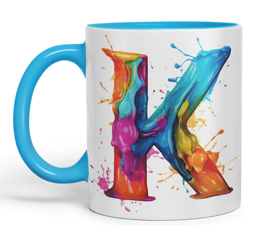 Letter K mug, Alphabet Letter K Monogram watercolour Ceramic Coloured Mug Cup for Tea Coffee Hot brew 330ml 11Oz Gift