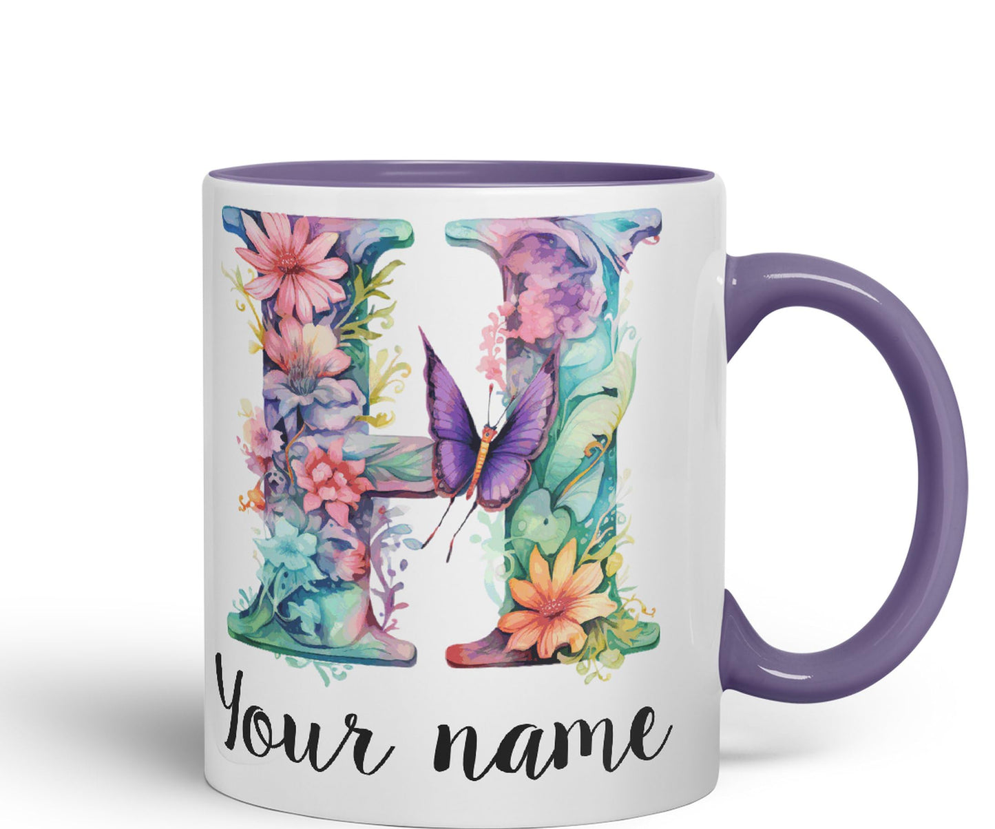 Personalised Letter H mug, Customized Custom Floral flowers butterfly Alphabet Letter H Monogram watercolour Ceramic Coloured Mug Cup for Tea Coffee Hot brew 330ml 11Oz Gift