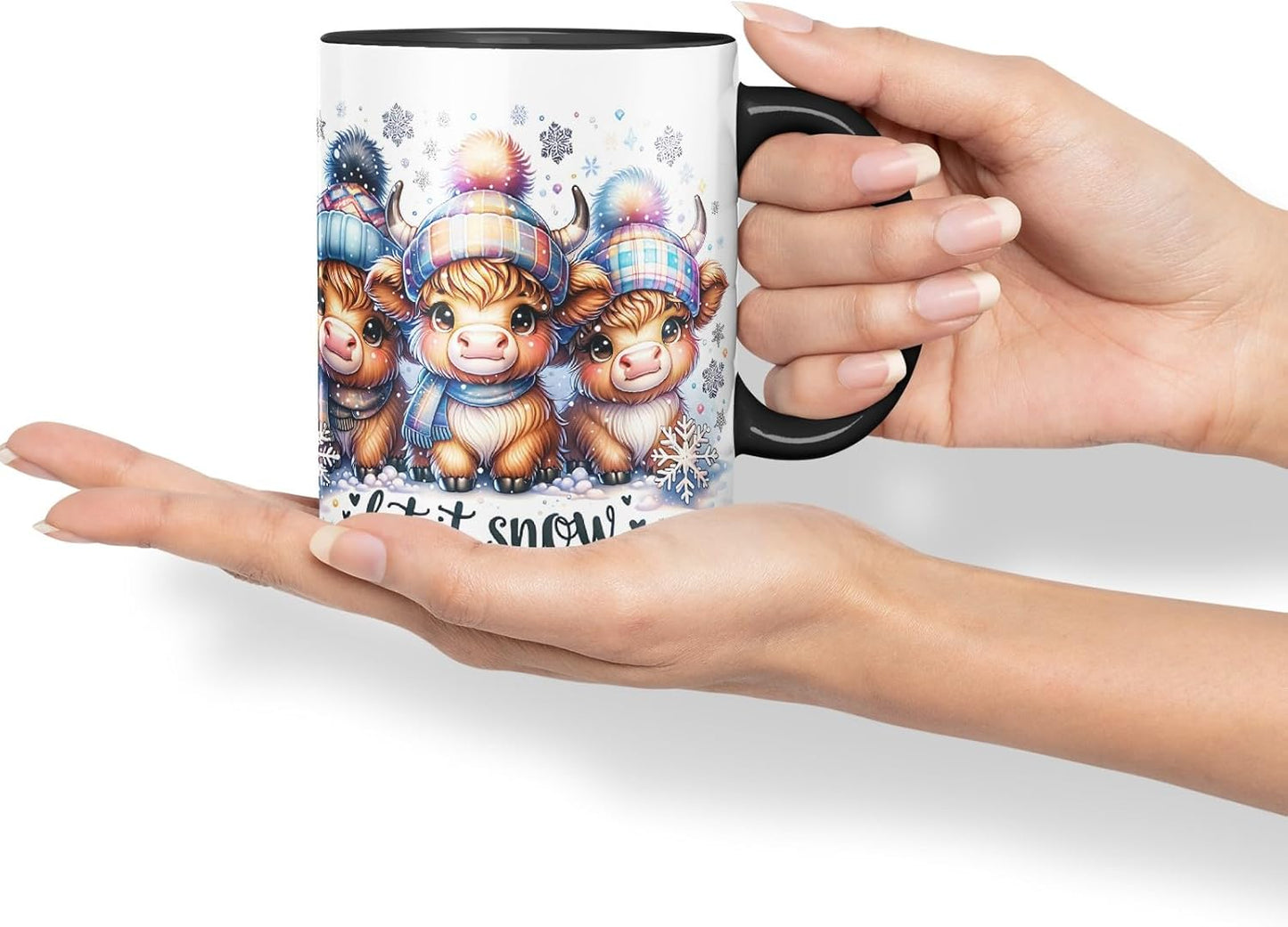 Vixar Let It Snow Cute Highland Cow Coloured Mug Cup Winter Christmas Animal Gift 11oz (Black)