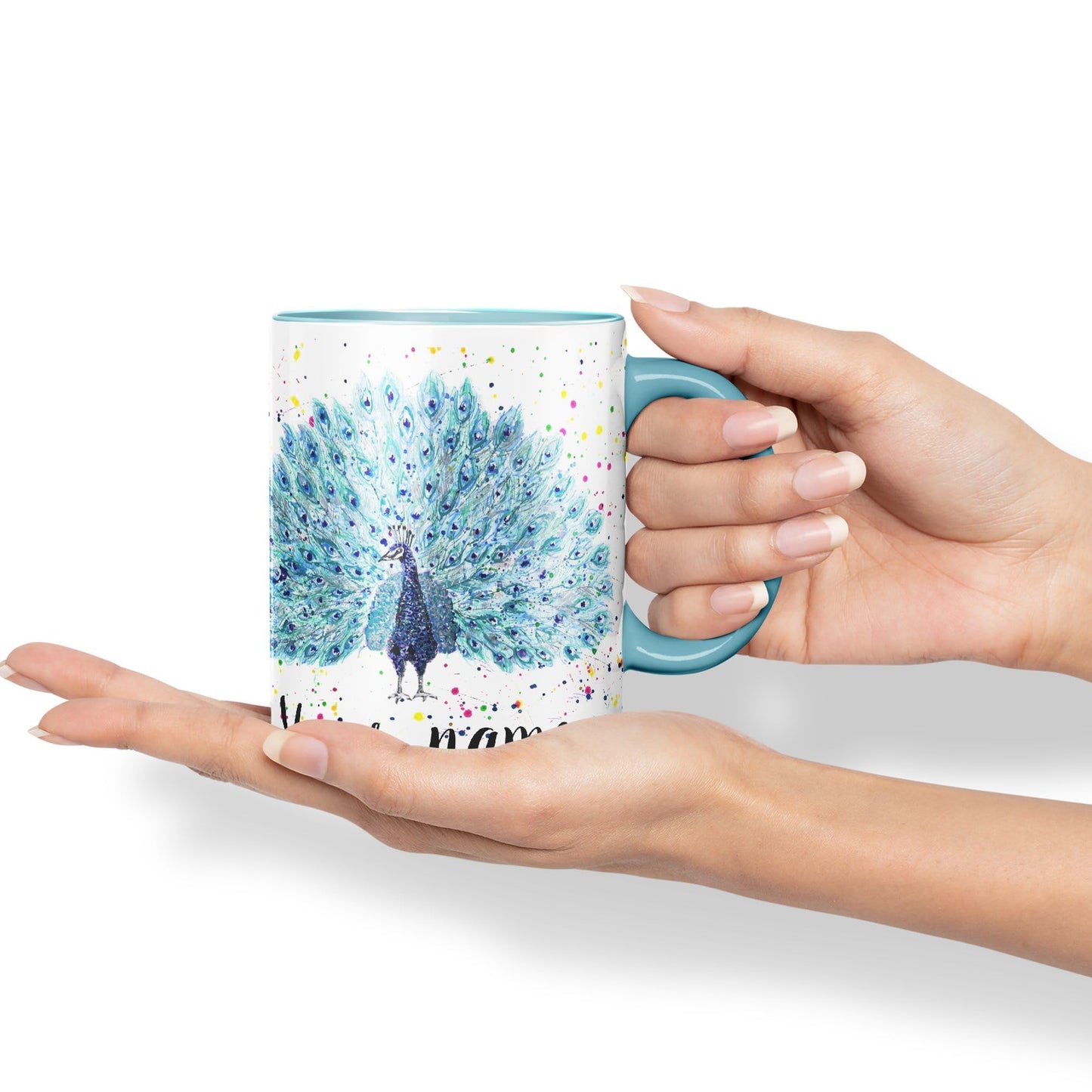 Vixar Personalised with Your Text Peacock Peafowl Bird Watercolour Art Coloured Ceramic Mug Cup Gift 330ml 11oz Custom Work Office Tea Coffee (O2)