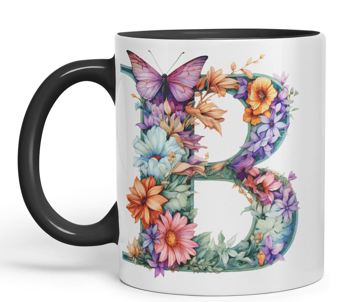 Letter B mug, Floral flowers butterfly Alphabet Letter B Monogram watercolour Ceramic Coloured Mug Cup for Tea Coffee Hot brew 330ml 11Oz Gift