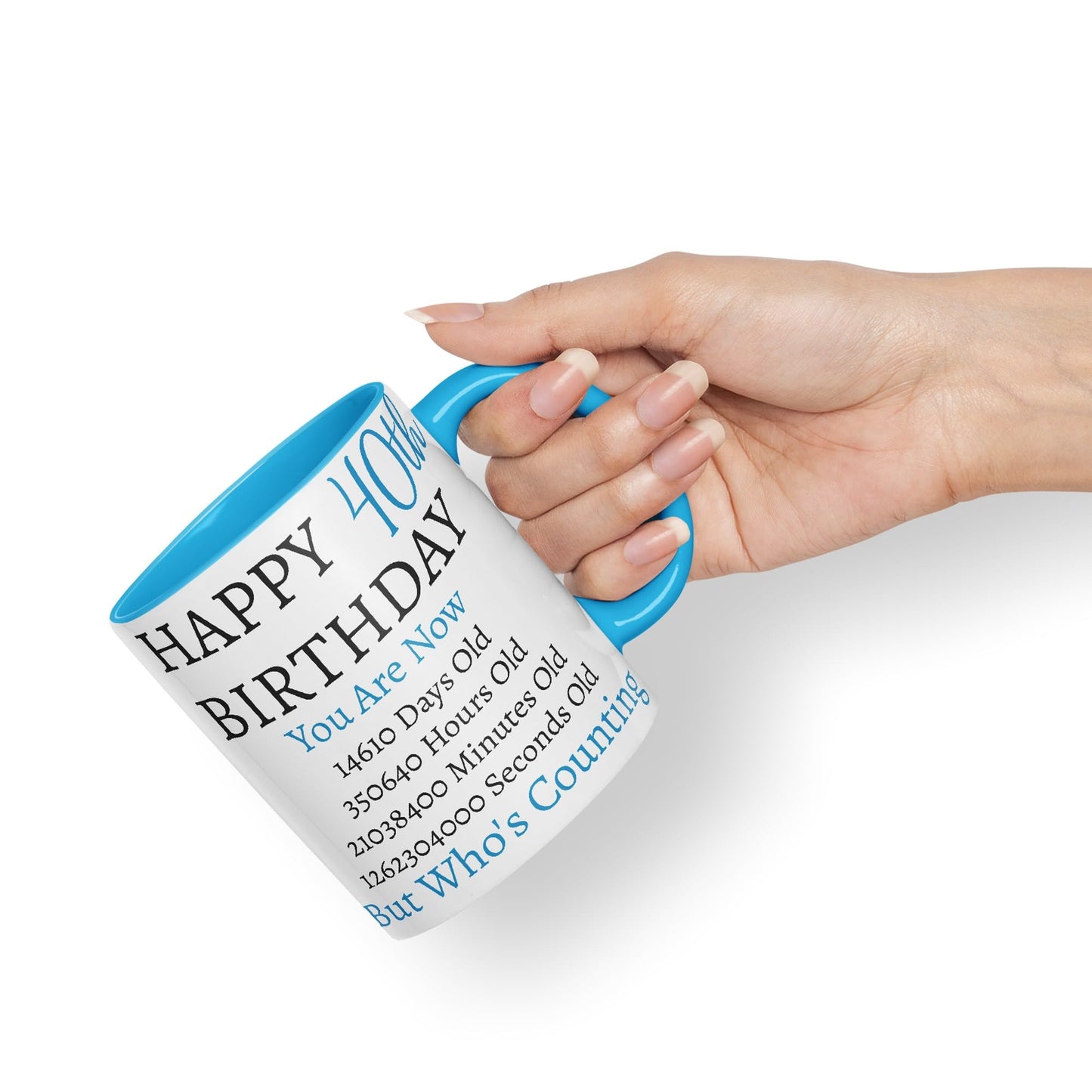 Vixar But Who's Counting Happy 40th Birthday Ceramic Coloured Mug Cup Gift Days Hours Minutes (Blue)