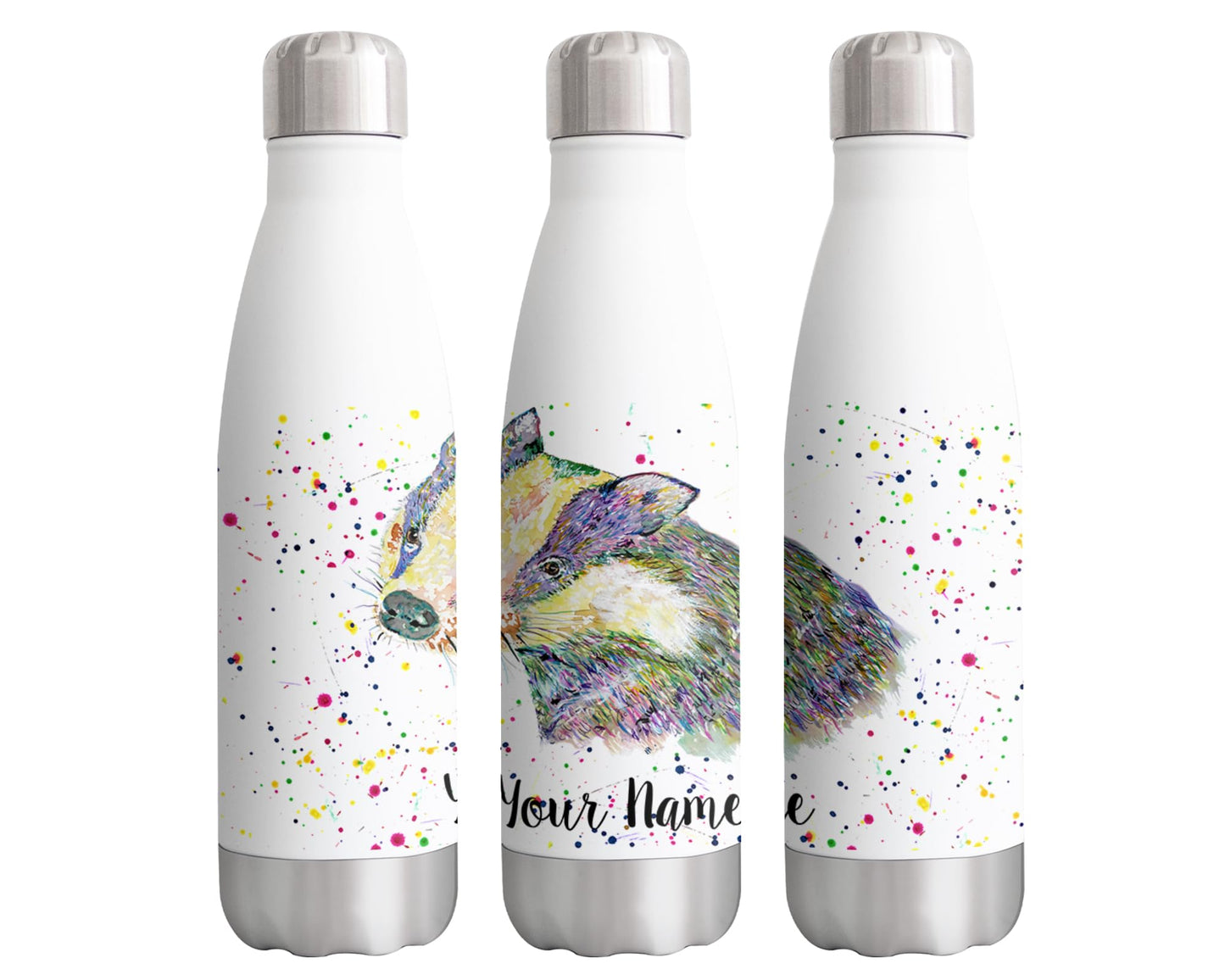 Vixar Badger Personalised Custom Bottle with your Text/name Watercolour Animals Bottle Double Wall Insulated Stainless Steel Sport Drinks 500ml