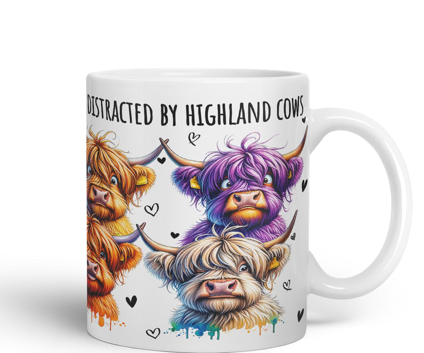 Easily Distracted by Highland Cows Scottish Farm Animals Ceramic Coloured Mug Cup for Tea Coffee Hot Brew 330ml 11Oz Gift