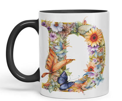 Letter D mug, Floral flowers butterfly Alphabet Letter D Monogram watercolour Ceramic Coloured Mug Cup for Tea Coffee Hot brew 330ml 11Oz Gift