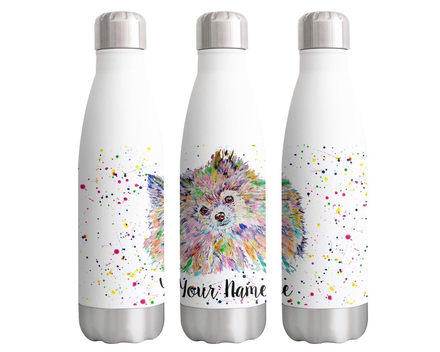 Vixar Pomeranian Personalised Custom Bottle with your Text/name Watercolour Art Dog pet Bottle double Wall insulated Stainless steel sport Drinks 500ml