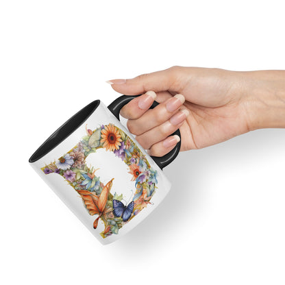 Letter D mug, Floral flowers butterfly Alphabet Letter D Monogram watercolour Ceramic Coloured Mug Cup for Tea Coffee Hot brew 330ml 11Oz Gift