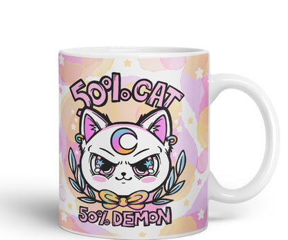 Vixar 50% Cat 50% Demon Cute cat Lovers, Kawaii Joke Coloured Ceramic Mug Cup Gift 330ml 11oz Work Office Tea Coffee