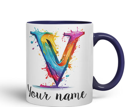 Personalised Letter V mug, Alphabet cusomized custom Letter V Monogram watercolour Ceramic Coloured Mug Cup for Tea Coffee Hot brew 330ml 11Oz Gift