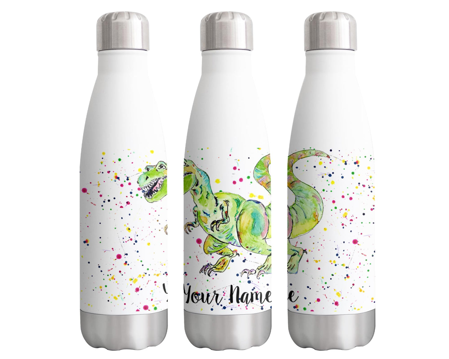 Vixar Dinosaur T-rex dino Personalised Custom Bottle with your Text/name Watercolour Bottle double Wall insulated Stainless steel sport Drinks 500ml v2