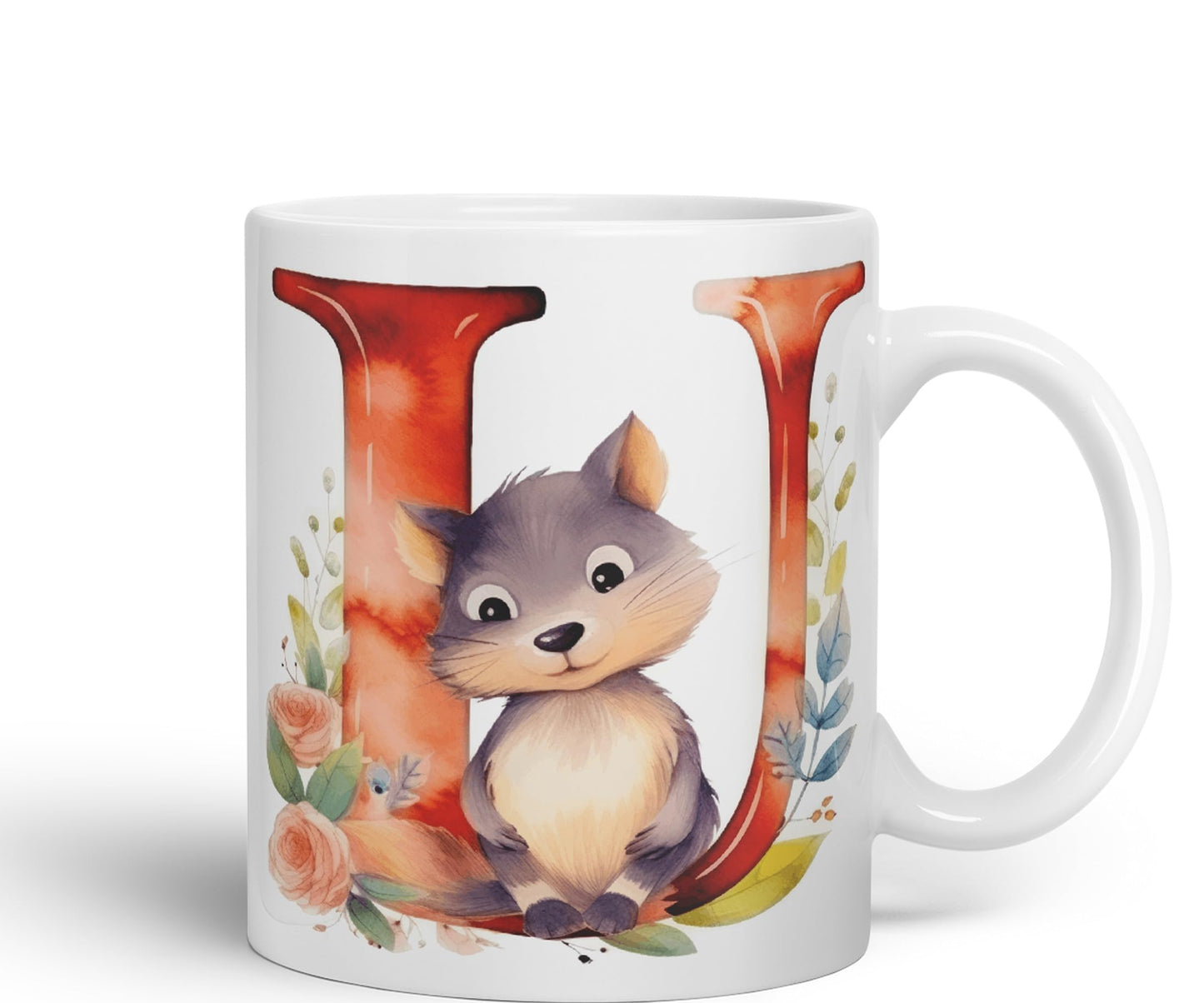 Letter U mug, Animals Alphabet Letter U Monogram animal for kids Ceramic Coloured Mug Cup for Tea Coffee Hot brew 330ml 11Oz Gift