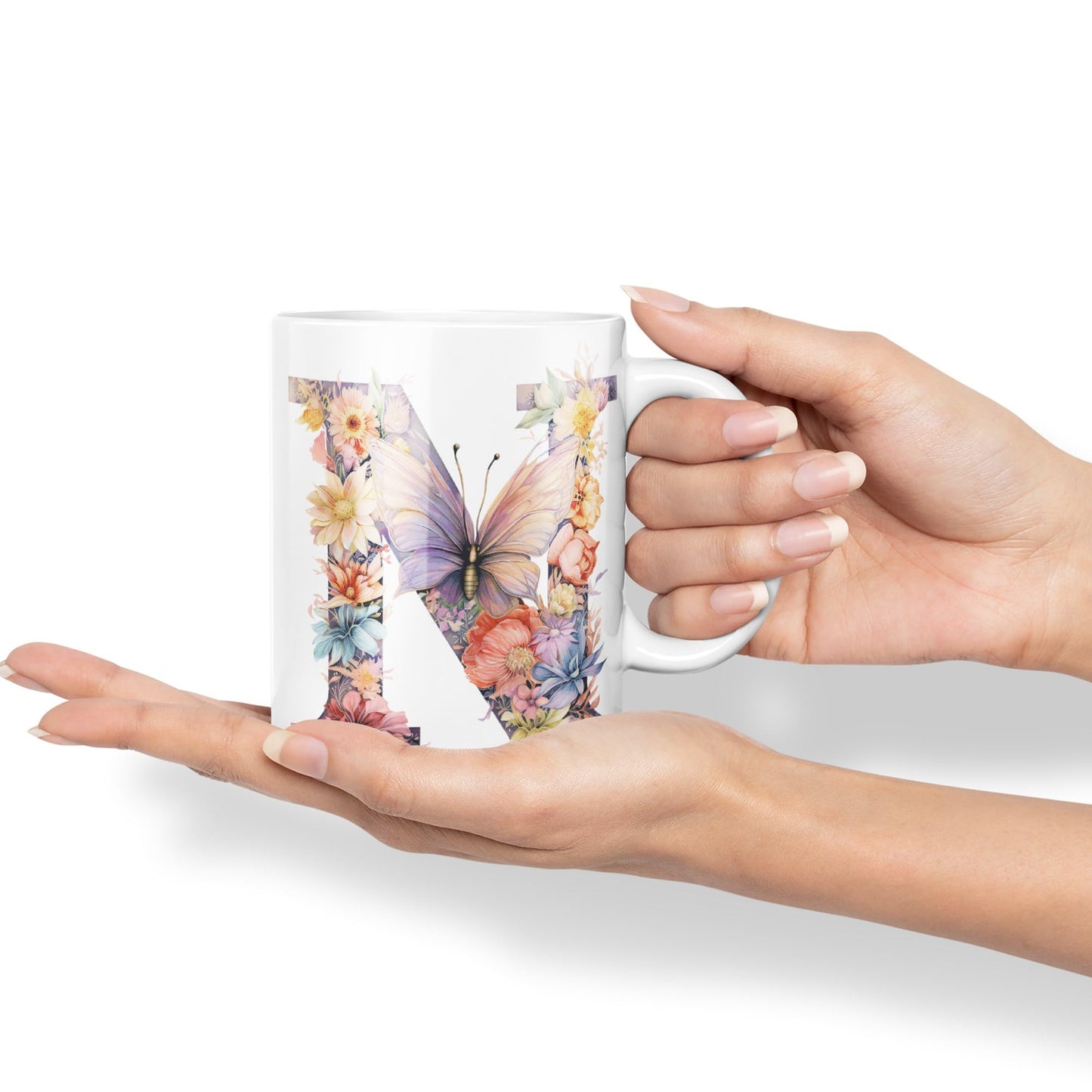 Letter N mug, Floral flowers butterfly Alphabet Letter N Monogram watercolour Ceramic Coloured Mug Cup for Tea Coffee Hot brew 330ml 11Oz Gift