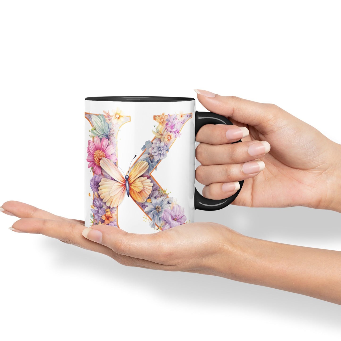 Letter K mug, Floral flowers butterfly Alphabet Letter K Monogram watercolour Ceramic Coloured Mug Cup for Tea Coffee Hot brew 330ml 11Oz Gift