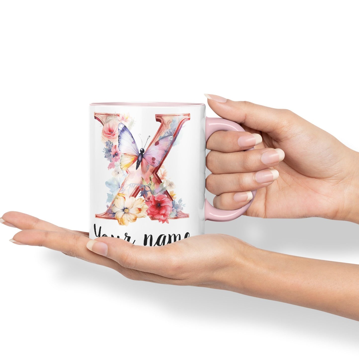 Personalised Letter X mug, Customized Custom Floral flowers butterfly Alphabet Letter X Monogram watercolour Ceramic Coloured Mug Cup for Tea Coffee Hot brew 330ml 11Oz Gift