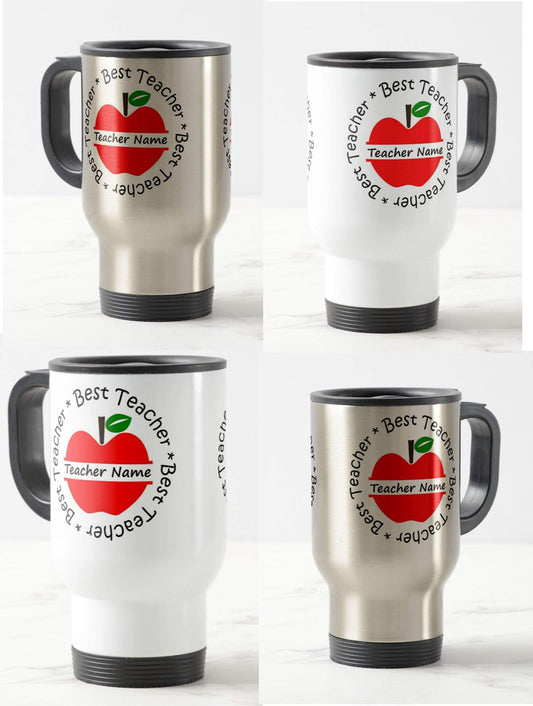 Teacher Travel Mug - Thank You, Apple, Personalised Mug Customised with Name, Teacher Gift from Kids, School Gift