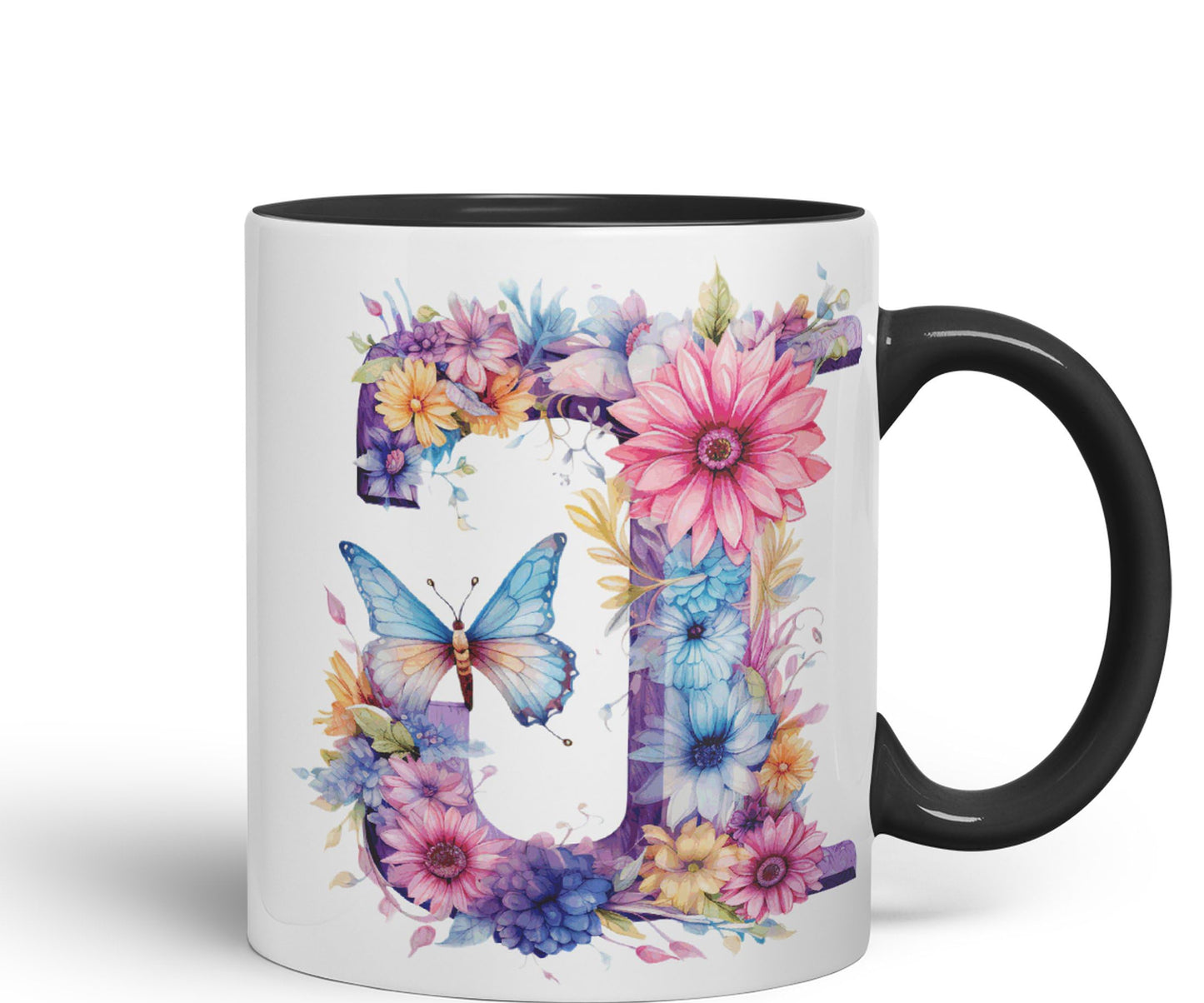 Letter J mug, Floral flowers butterfly Alphabet Letter J Monogram watercolour Ceramic Coloured Mug Cup for Tea Coffee Hot brew 330ml 11Oz Gift