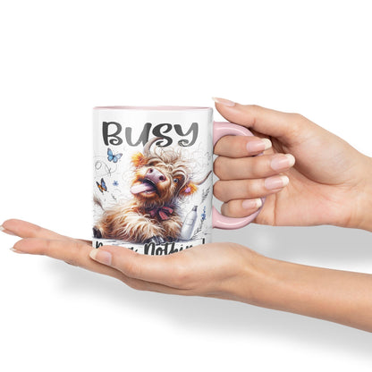 Busy Doing Nothing Scottish Highland Cow Joke sarkasm Sarcastic Ceramic Coloured Mug Cup for Tea Coffee Hot Brew 330ml 11Oz Gift