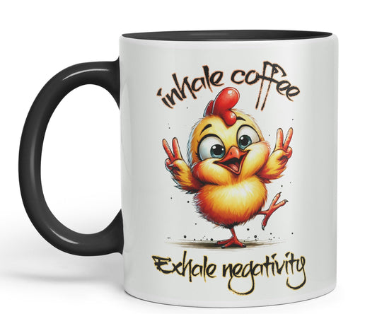 Inhale Coffee Exhale Negativity Chicken Joke sarkasm Sarcastic Ceramic Coloured Mug Cup for Tea Coffee Hot Brew 330ml 11Oz Gift