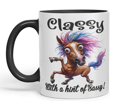 Classy with a hint of Sassy! Horse cat Joke sarkasm Sarcastic Ceramic Coloured Mug Cup for Tea Coffee Hot Brew 330ml 11Oz Gift