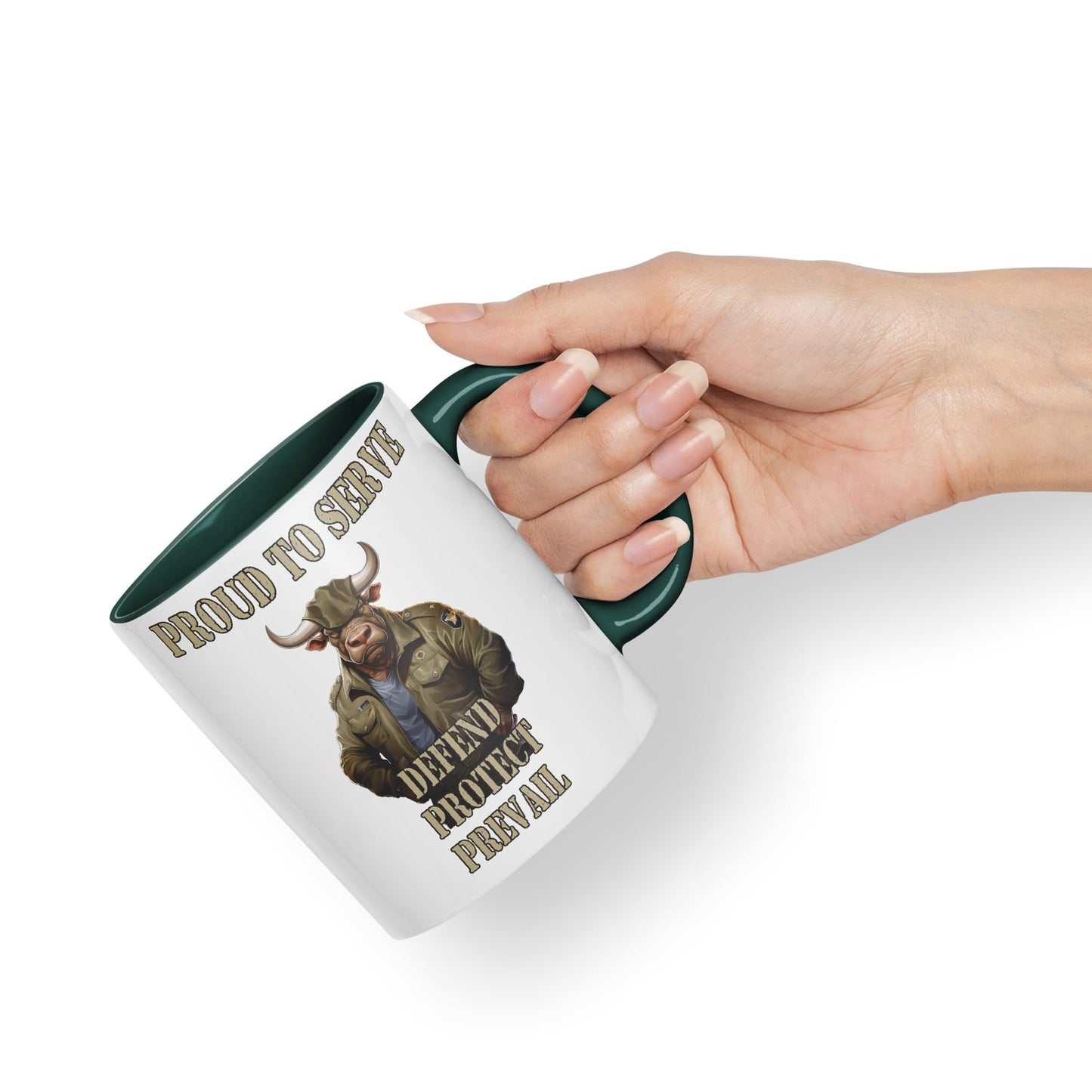 Proud to Serve Defend Protect Prevail Army Soldier Joke sarkasm Sarcastic Ceramic Coloured Mug Cup for Tea Coffee Hot Brew 330ml 11Oz Gift