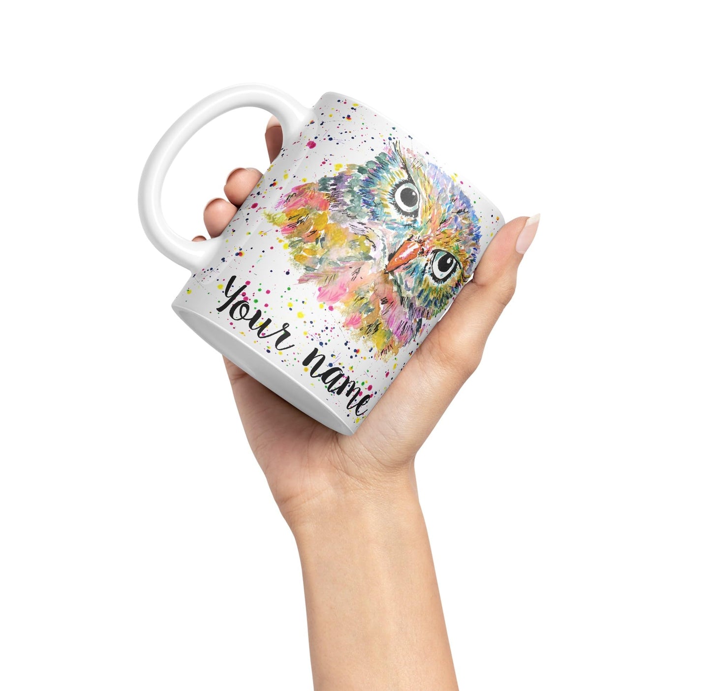 Vixar Personalised with Your Text Owl Bird Watercolour Art Coloured Ceramic Mug Cup Gift 330ml 11oz Custom Work Office Tea Coffee (O1)