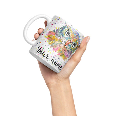 Vixar Personalised with Your Text Owl Bird Watercolour Art Coloured Ceramic Mug Cup Gift 330ml 11oz Custom Work Office Tea Coffee (O1)