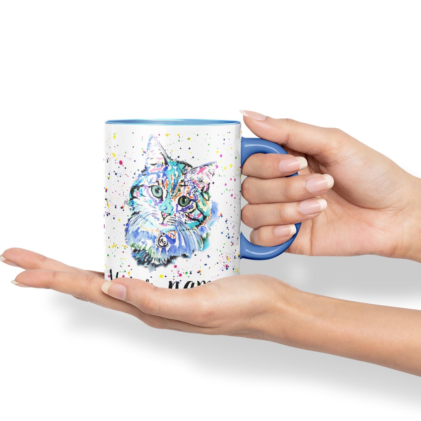 Vixar Personalised with Your Text Blue Cat Kitten Feline Watercolour Art Coloured Ceramic Mug Cup Gift 330ml 11oz Custom Work Office Tea Coffee