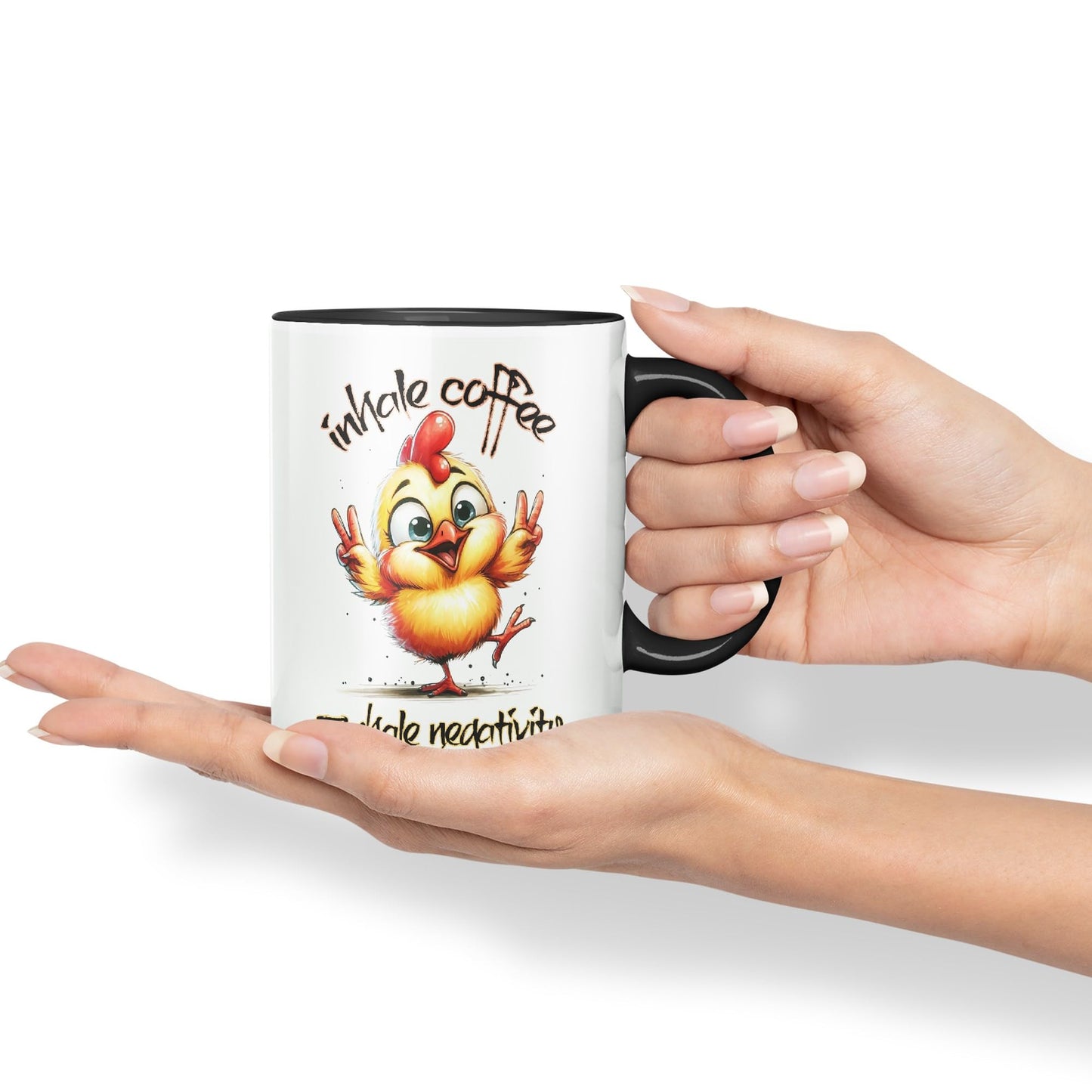 Inhale Coffee Exhale Negativity Chicken Joke sarkasm Sarcastic Ceramic Coloured Mug Cup for Tea Coffee Hot Brew 330ml 11Oz Gift