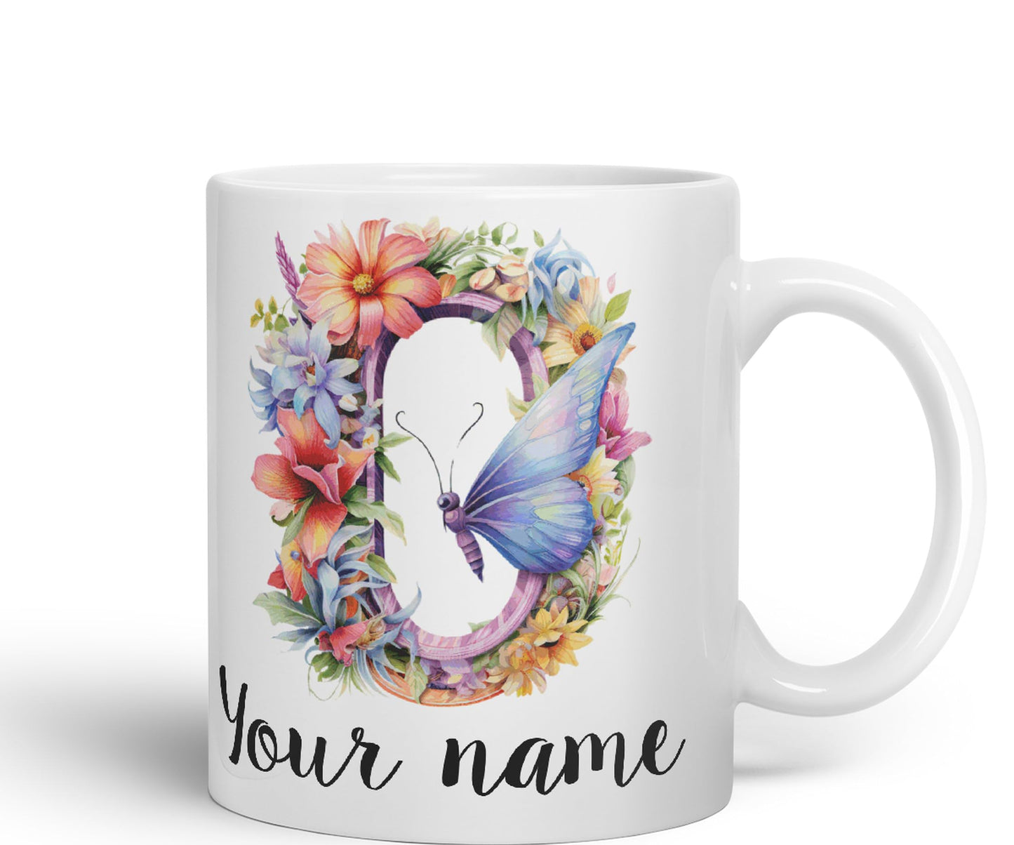 Personalised Letter O mug, Customized Custom Floral flowers butterfly Alphabet Letter O Monogram watercolour Ceramic Coloured Mug Cup for Tea Coffee Hot brew 330ml 11Oz Gift