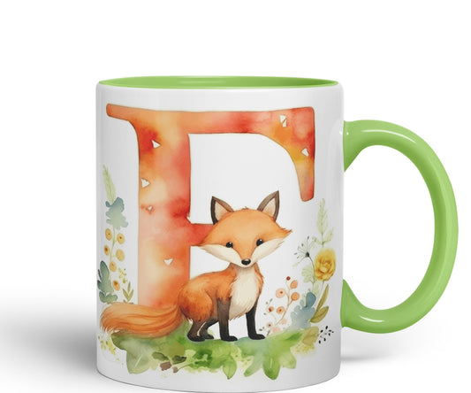 Letter F mug, Animals Alphabet Letter F Monogram animal for kids Ceramic Coloured Mug Cup for Tea Coffee Hot brew 330ml 11Oz Gift