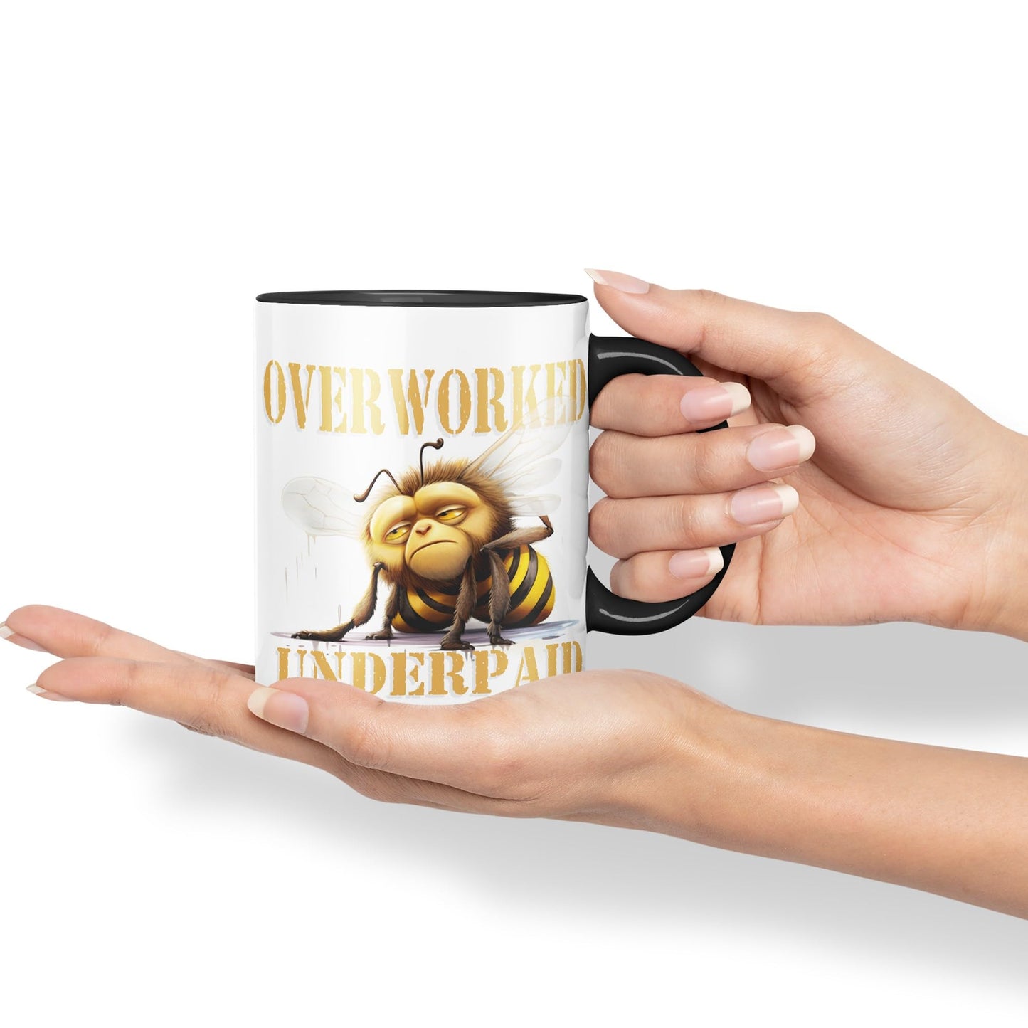 Overworked Underpaid bee Work Joke sarkasm Sarcastic Ceramic Coloured Mug Cup for Tea Coffee Hot Brew 330ml 11Oz Gift