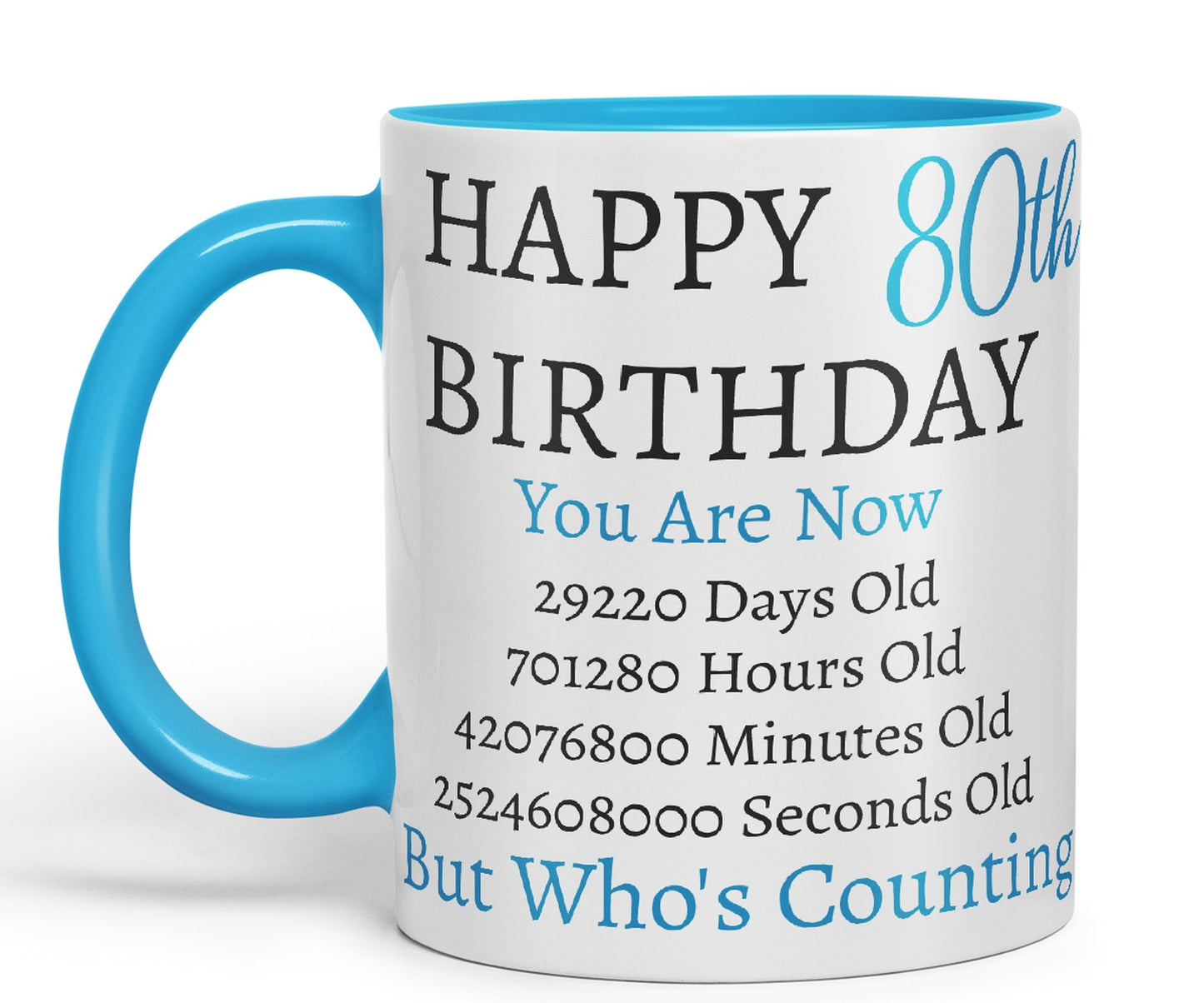 Vixar But Who's Counting Happy 80th Birthday Ceramic Coloured Mug Cup Gift Days Hours Minutes (Blue)