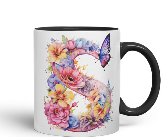 Letter S mug, Floral flowers butterfly Alphabet Letter S Monogram watercolour Ceramic Coloured Mug Cup for Tea Coffee Hot brew 330ml 11Oz Gift