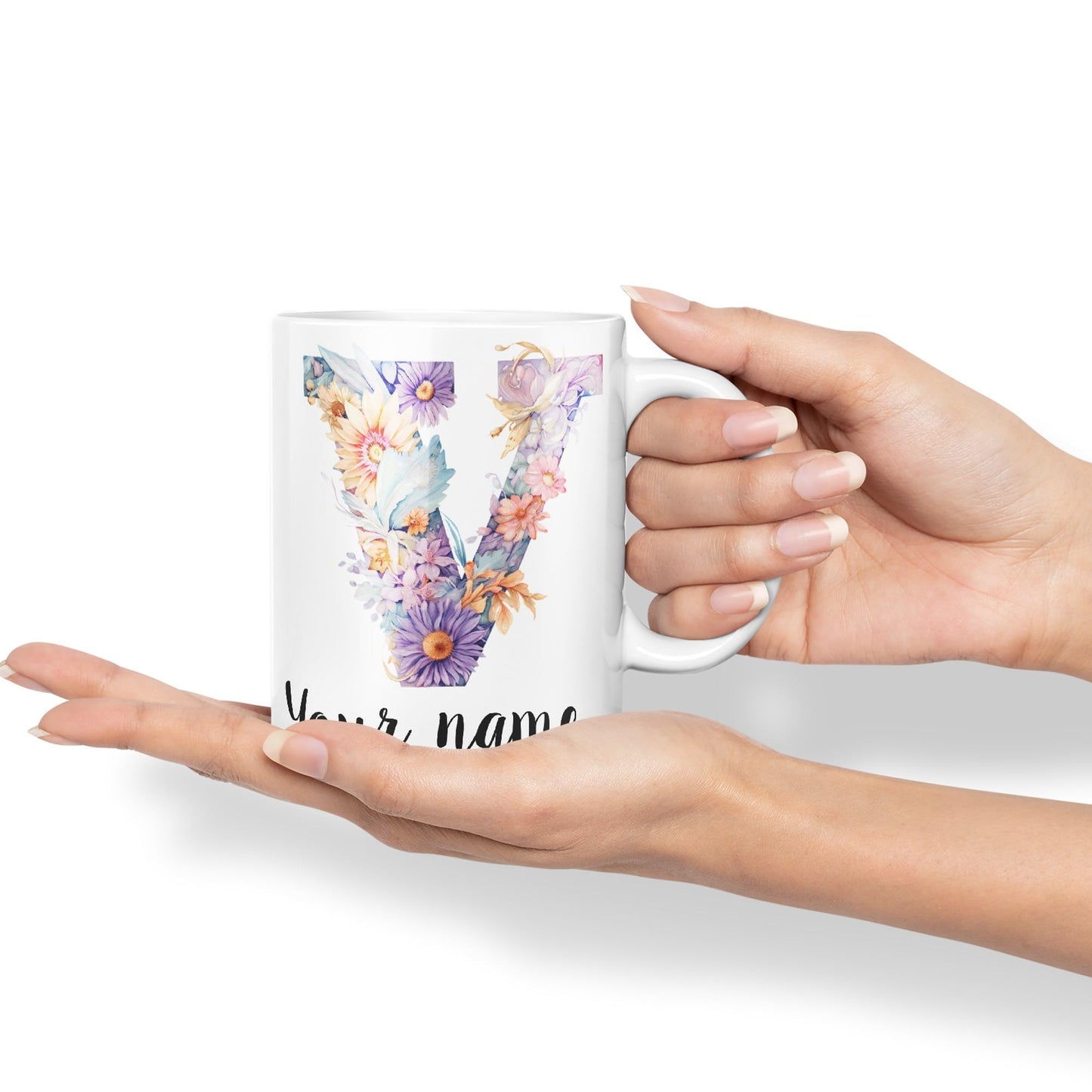 Personalised Letter V mug, Customized Custom Floral flowers butterfly Alphabet Letter V Monogram watercolour Ceramic Coloured Mug Cup for Tea Coffee Hot brew 330ml 11Oz Gift