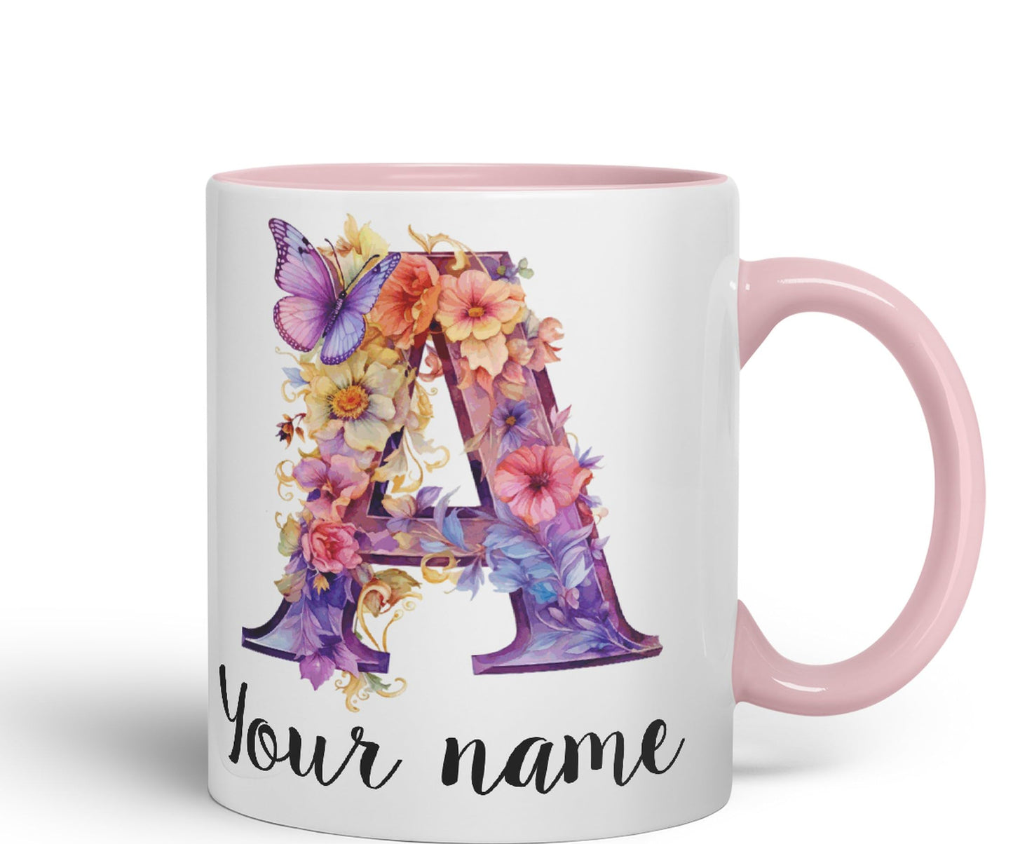 Personalised Letter A mug, Customized Custom Floral flowers butterfly Alphabet Letter A Monogram watercolour Ceramic Coloured Mug Cup for Tea Coffee Hot brew 330ml 11Oz Gift