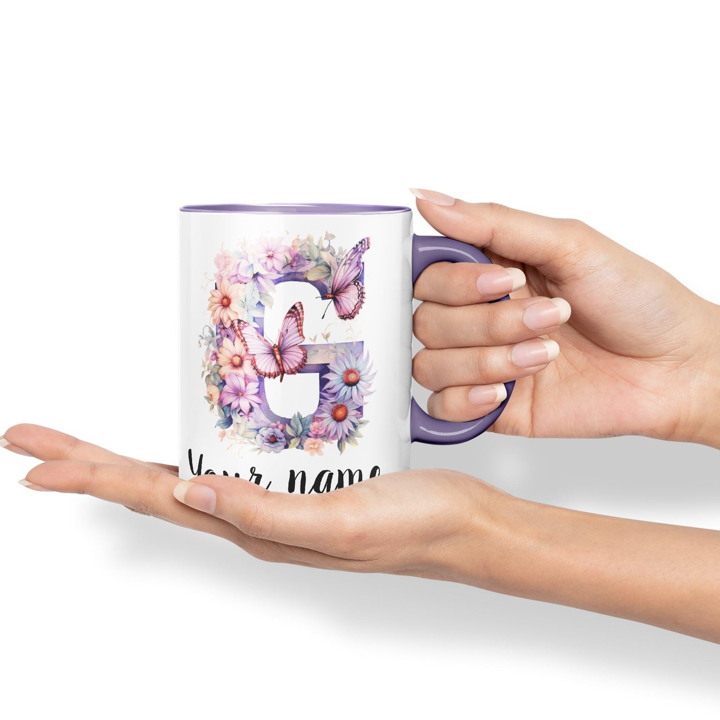 Personalised Letter G mug, Customized Custom Floral flowers butterfly Alphabet Letter G Monogram watercolour Ceramic Coloured Mug Cup for Tea Coffee Hot brew 330ml 11Oz Gift