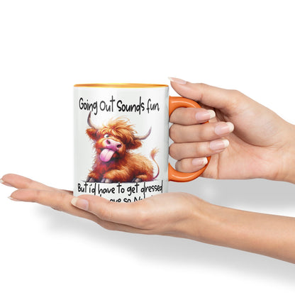Going Out Sound Fun, Bute I'd Have to get Dressed and Move so, Nah…! Cow Highland Joke sarkasm Sarcastic Ceramic Coloured Mug Cup for Tea Coffee Hot Brew 330ml 11Oz Gift