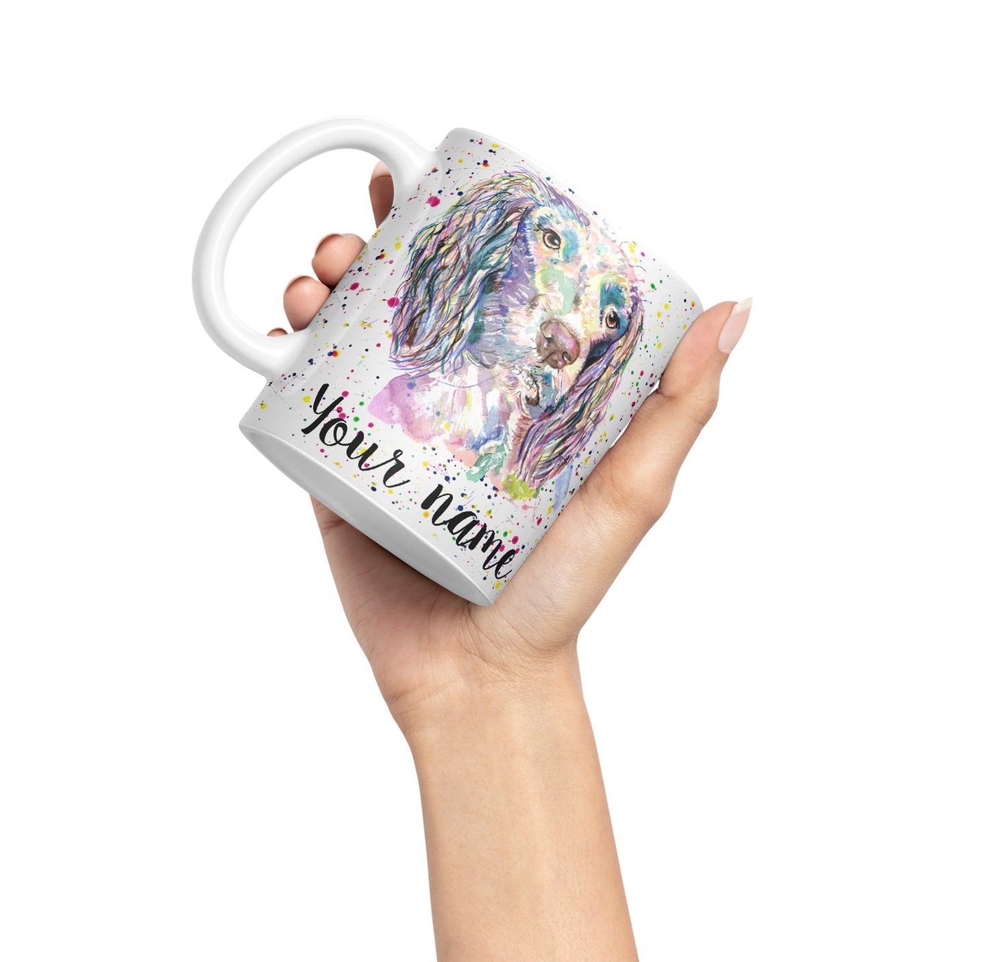 Vixar Personalised with Your Text Spaniel Springer Dog Pet Animals Watercolour Art Coloured Ceramic Mug Cup Gift 330ml 11oz Custom Work Office Tea Coffee (O2)