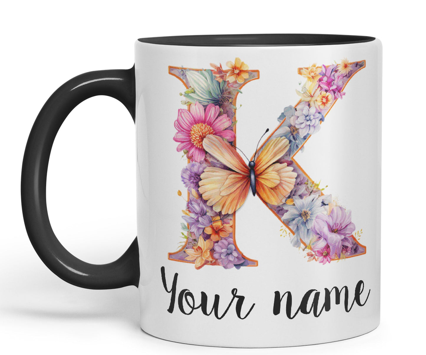 Personalised Letter K mug, Customized Custom Floral flowers butterfly Alphabet Letter K Monogram watercolour Ceramic Coloured Mug Cup for Tea Coffee Hot brew 330ml 11Oz Gift