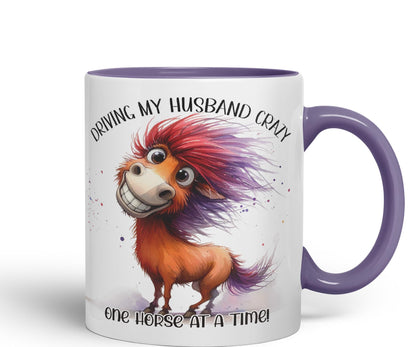Driving My Husband Crazy, One Horse at at a Time Joke sarkasm Sarcastic Ceramic Coloured Mug Cup for Tea Coffee Hot Brew 330ml 11Oz Gift