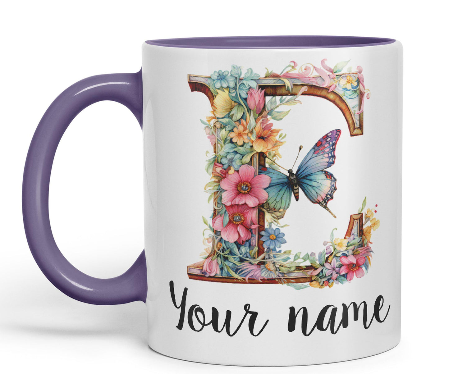 Personalised Letter E mug, Customized Custom Floral flowers butterfly Alphabet Letter E Monogram watercolour Ceramic Coloured Mug Cup for Tea Coffee Hot brew 330ml 11Oz Gift