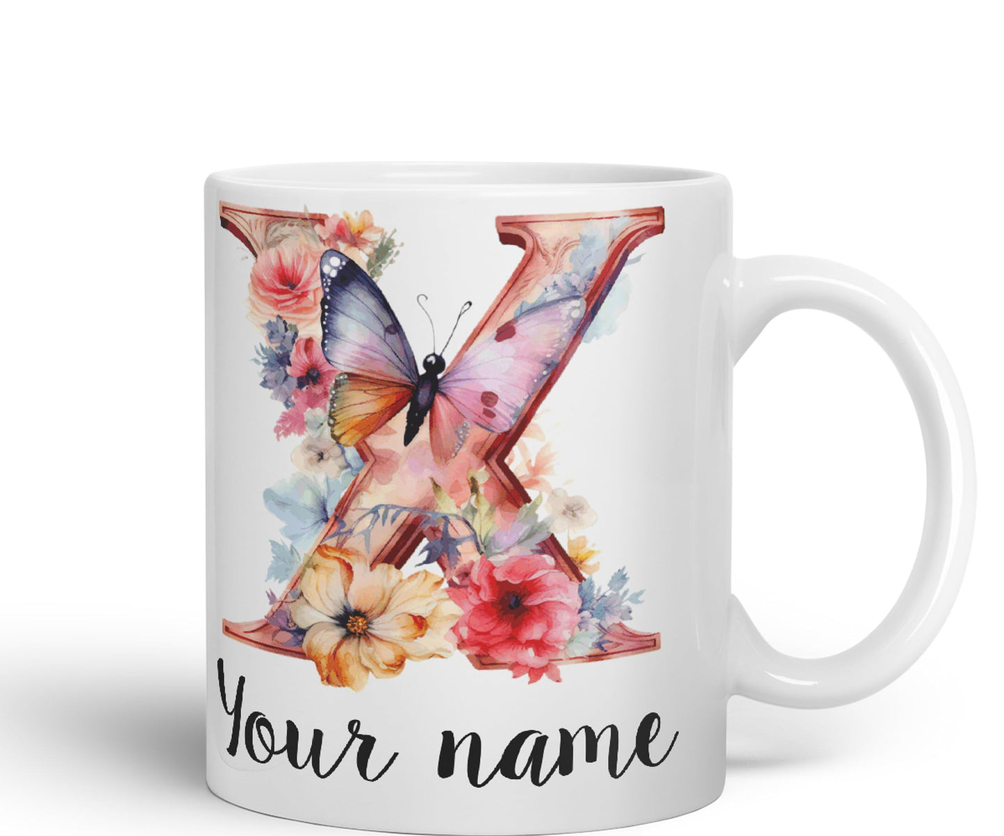 Personalised Letter X mug, Customized Custom Floral flowers butterfly Alphabet Letter X Monogram watercolour Ceramic Coloured Mug Cup for Tea Coffee Hot brew 330ml 11Oz Gift