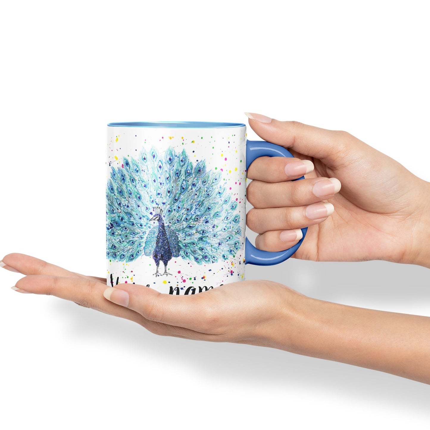 Vixar Personalised with Your Text Peacock Peafowl Bird Watercolour Art Coloured Ceramic Mug Cup Gift 330ml 11oz Custom Work Office Tea Coffee (O2)